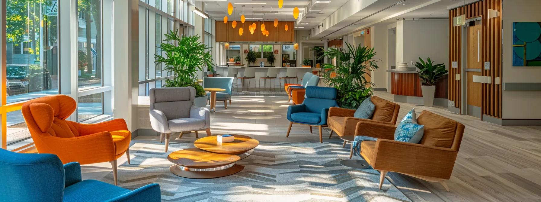 a bright and inviting addiction treatment center in massachusetts, featuring modern interiors and personalized wellness spaces that reflect a commitment to ongoing recovery and dynamic aftercare services. a bright and inviting addiction treatment center in massachusetts, featuring modern interiors and personalized wellness spaces that reflect a commitment to ongoing recovery and dynamic aftercare services.