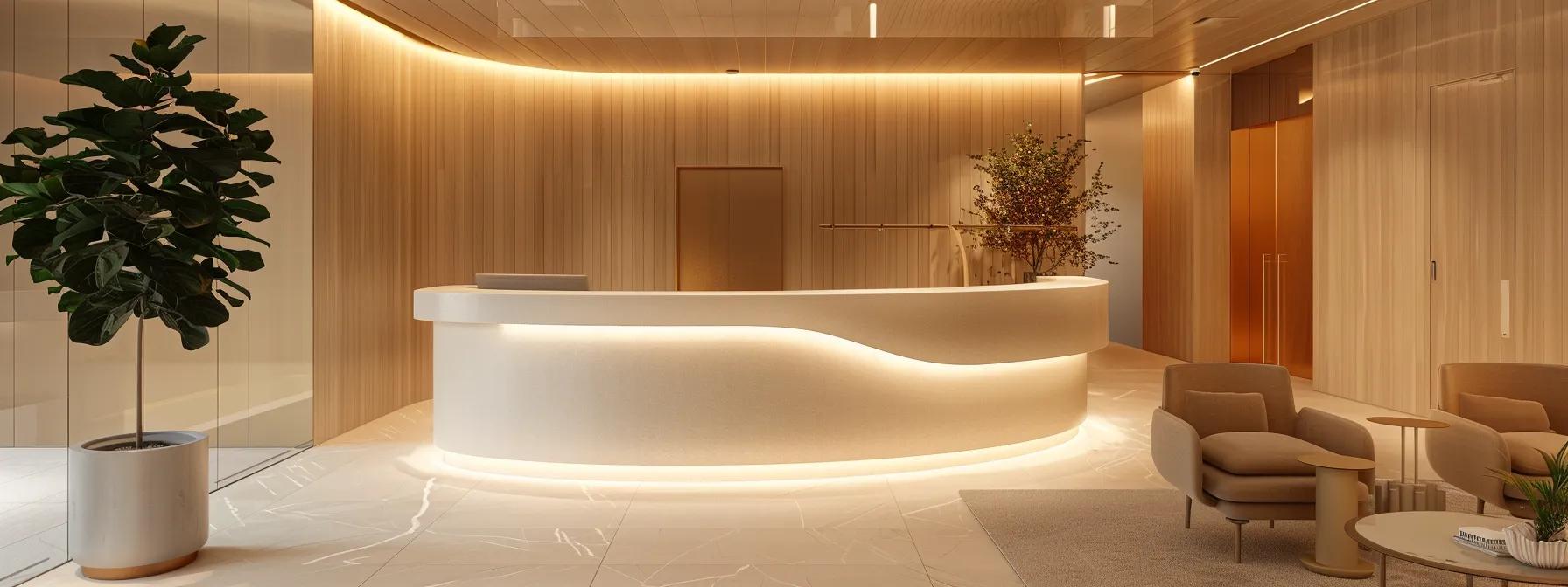 a modern, clean reception area of a high-end mental health facility in massachusetts, featuring sleek furniture and warm lighting, evokes a welcoming atmosphere for patients entering for their half day iop programs.