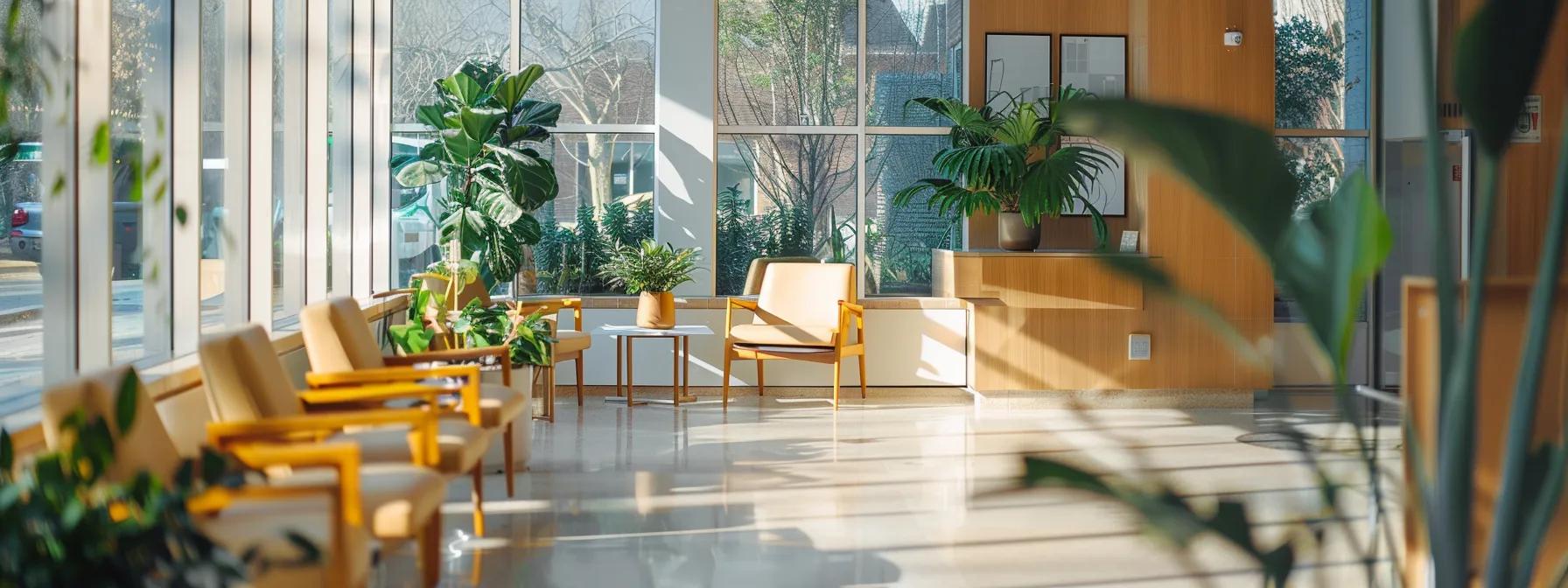 a modern, inviting treatment center in massachusetts, showcasing a vibrant waiting area filled with comfortable seating and calming decor, emphasizing accessibility and support for those seeking affordable half-day iop programs.