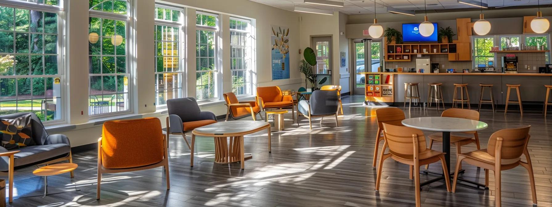 a modern, welcoming therapy center in massachusetts, showcasing a well-organized interior with comfortable seating, soft lighting, and engaging therapy resources, reflecting the supportive environment of half day iop programs.