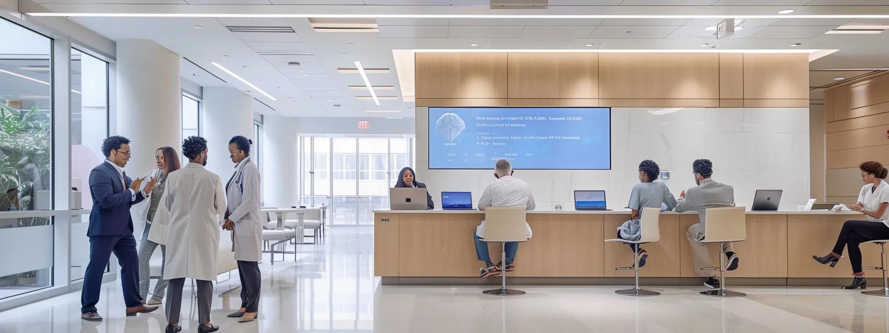 a modern, well-lit office meeting room in a healthcare facility in massachusetts, showcasing a diverse group of professionals engaged in a focused discussion around a sleek conference table, with a digital display outlining key factors impacting insurance approval for half day iop treatment.