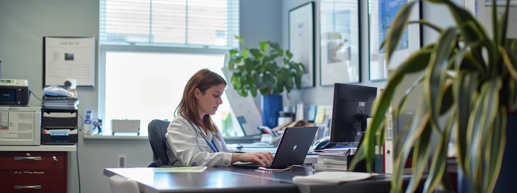 a professional office setting in massachusetts, featuring a focused individual using a laptop and phone to verify insurance coverage details while surrounded by neatly organized documents and a bright, modern aesthetic.