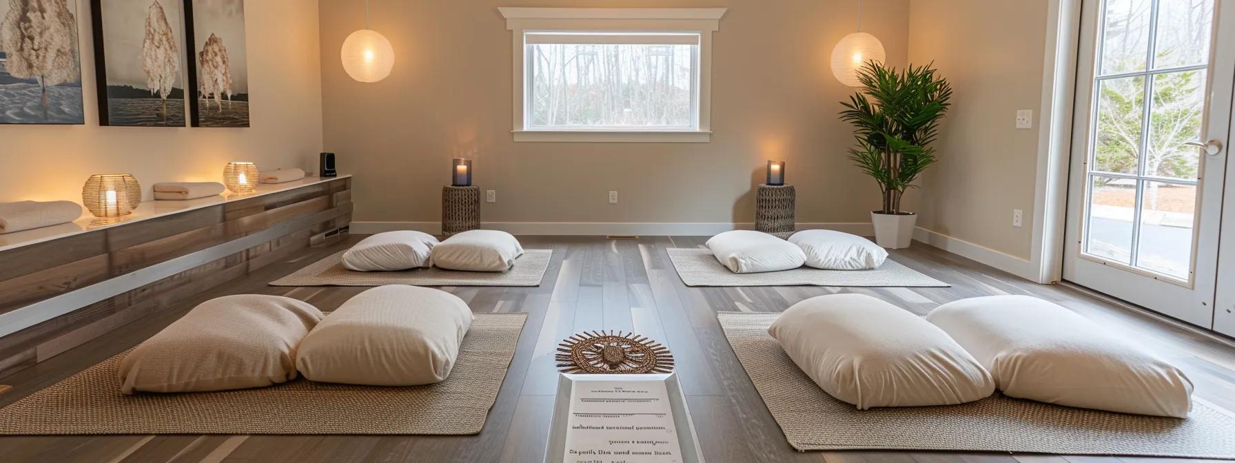 a serene and inviting interior of a modern treatment center in massachusetts showcases a group of engaged individuals participating in a half day intensive outpatient program, with informational brochures about financial assistance options prominently displayed on sleek, minimalist tables.
