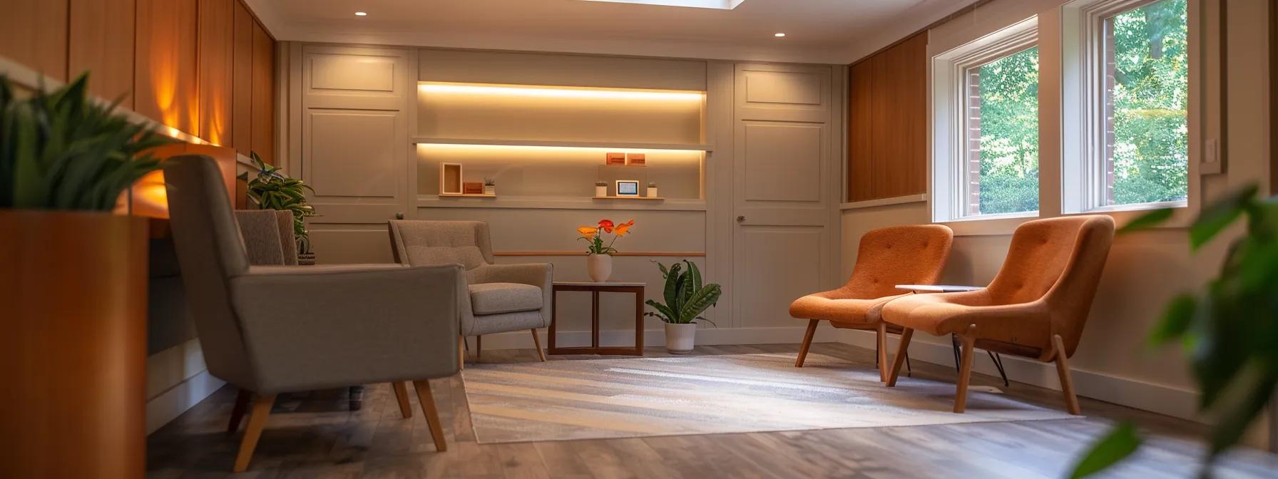 a serene and inviting therapy center in massachusetts, filled with warm, ambient lighting and modern furnishings, where individuals engage in group discussions that reflect the challenges of building supportive connections during a half day intensive outpatient program.