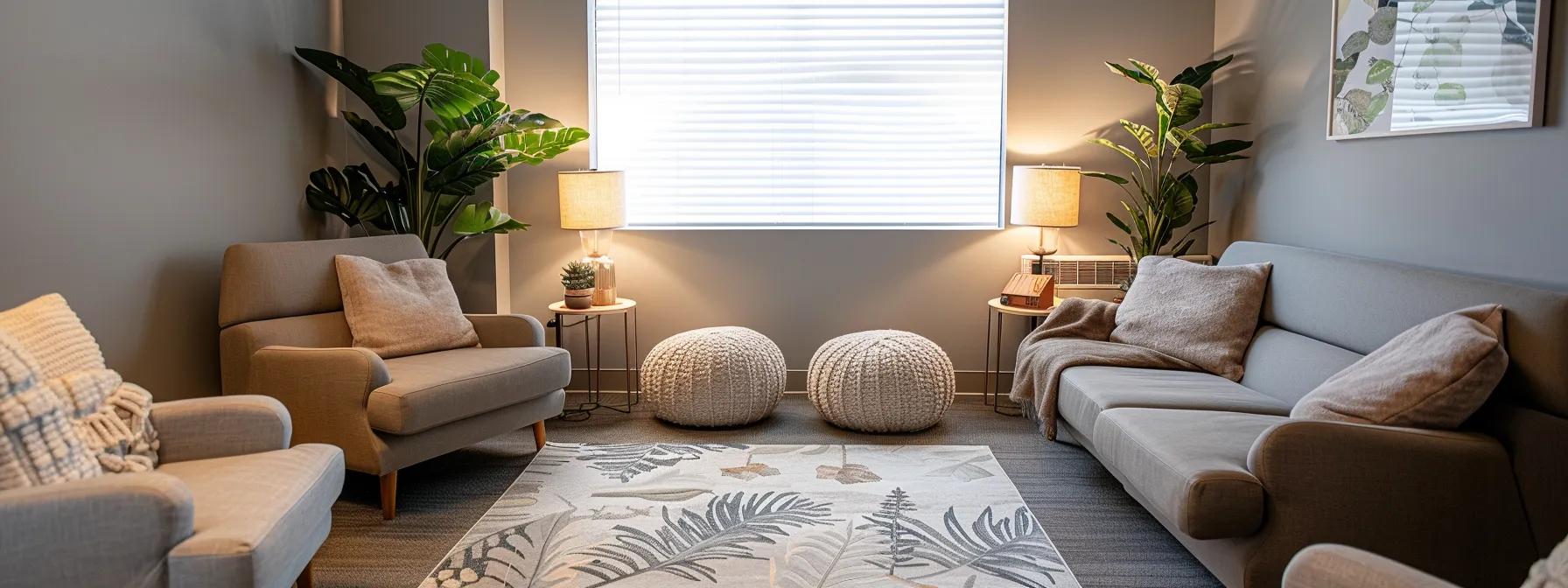 a serene, modern therapy room with soft ambient lighting and plush seating creates an inviting atmosphere for a traditional mental health session, highlighting the importance of personalized care in a supportive environment.