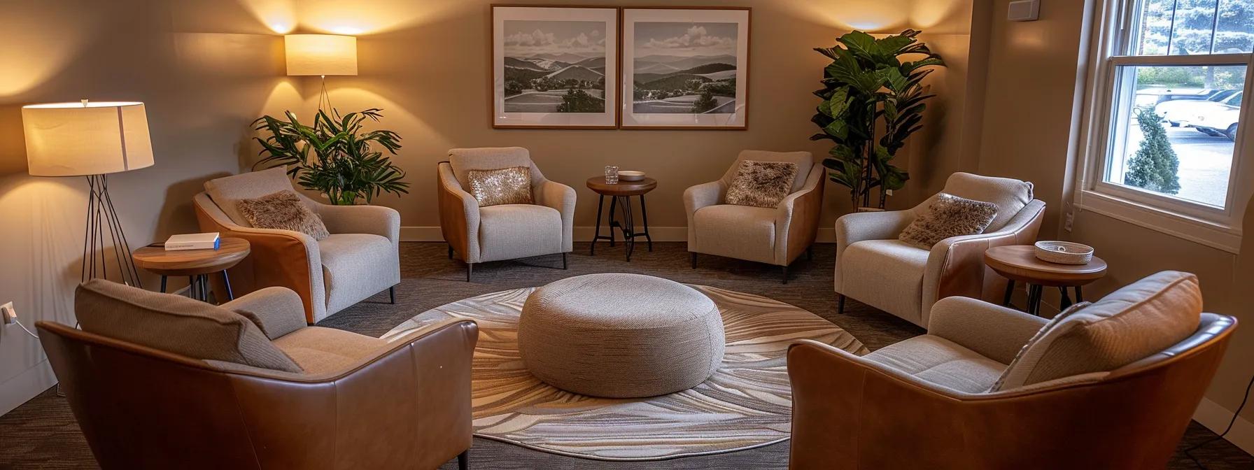 a warm and inviting therapy room in a beautiful center in massachusetts, featuring a circle of comfortable chairs arranged for a family therapy session, with soft ambient lighting creating a supportive atmosphere for discussions about depression.