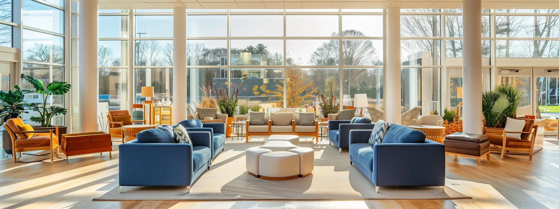 a welcoming and modern therapy center in massachusetts, featuring a bright, spacious interior with comfortable seating areas, where engaging group sessions for depression management take place, emphasizing a supportive and healing atmosphere.