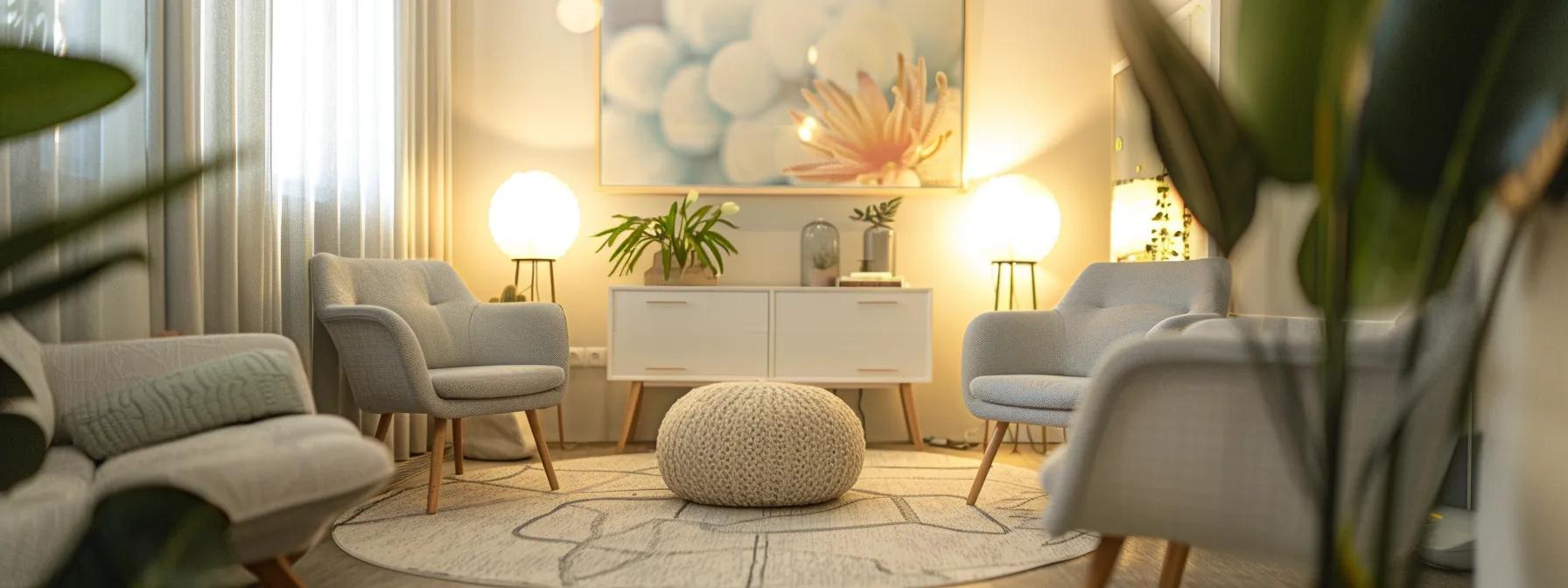 create a compelling image of a serene, modern therapy room with soft lighting, showcasing a cozy seating area where a diverse group of individuals engage in an encouraging group therapy discussion, symbolizing the supportive transition from php treatment to outpatient care. PHP in MA | Strength Recovery Center | a compelling image of a serene, modern therapy room with soft lighting, showcasing a cozy seating area where a diverse group of individuals engage in an encouraging group therapy discussion, symbolizing the supportive transition from php treatment to outpatient care.