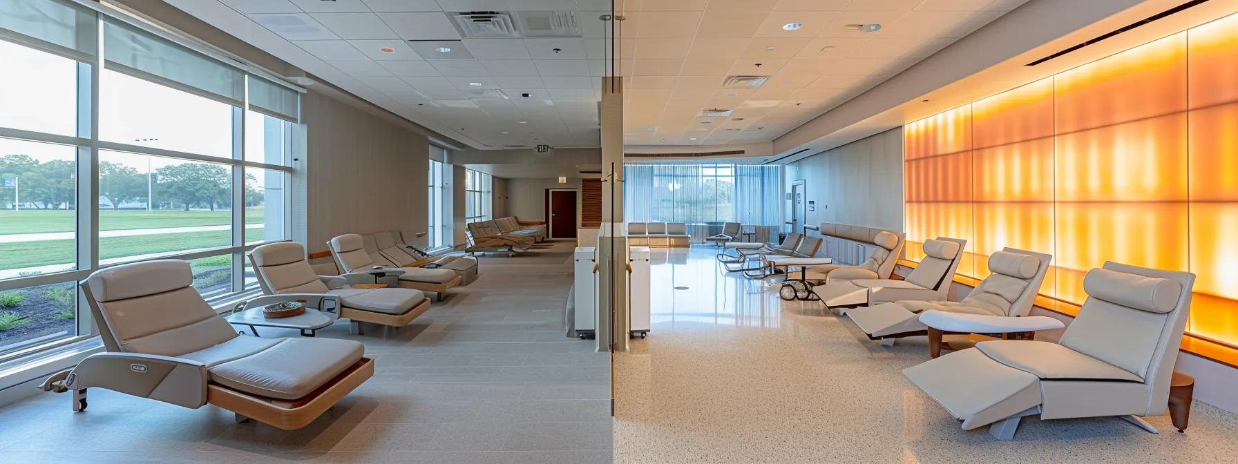 create an ultra-realistic image of a sleek, modern therapy room filled with advanced technology, featuring a glass wall for natural light, soft ambient lighting, and comfortable seating, where a diverse group of patients engages in a structured therapy session, embodying hope and transformation in their recovery journey. create an ultra-realistic image of a sleek, modern therapy room filled with advanced technology, featuring a glass wall for natural light, soft ambient lighting, and comfortable seating, where a diverse group of patients engages in a structured therapy session, embodying hope and transformation in their recovery journey.