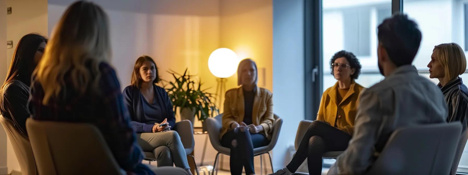 a somber group therapy session takes place in a well-lit massachusetts office, where individuals sit in a circle, their anxious expressions and weary postures starkly reflecting the physical toll of benzodiazepine addiction. a somber group therapy session takes place in a well-lit massachusetts office, where individuals sit in a circle, their anxious expressions and weary postures starkly reflecting the physical toll of benzodiazepine addiction.