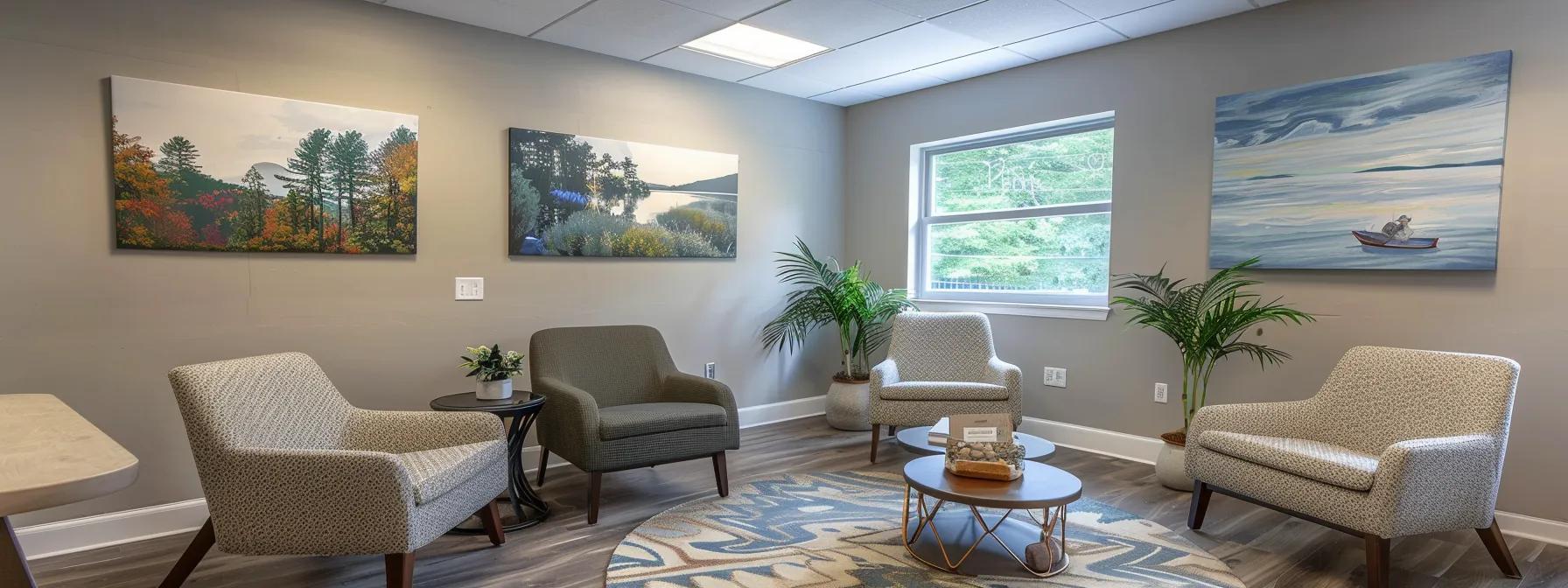 a serene and professional consultation room in an addiction treatment center in massachusetts, featuring modern furnishings, calming colors, and motivational posters on the walls, designed to evoke a sense of safety and hope for recovery.
