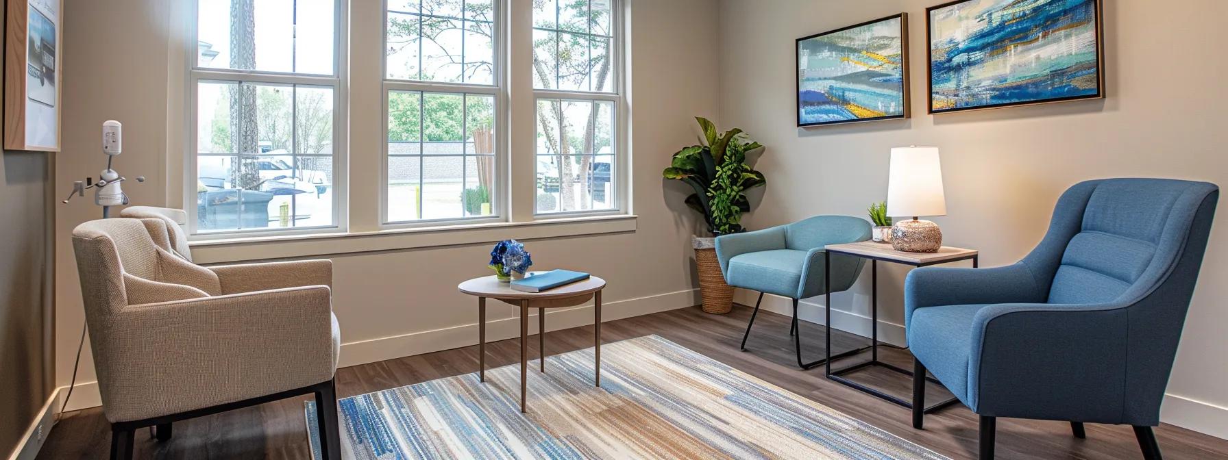 a serene and professional consultation room in an addiction treatment center in massachusetts, featuring modern furnishings, calming colors, and motivational posters on the walls, designed to evoke a sense of safety and hope for recovery.