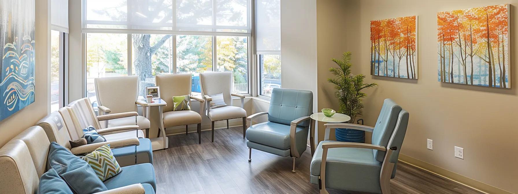 a serene and professional consultation room in an addiction treatment center in massachusetts, featuring modern furnishings, calming colors, and motivational posters on the walls, designed to evoke a sense of safety and hope for recovery.