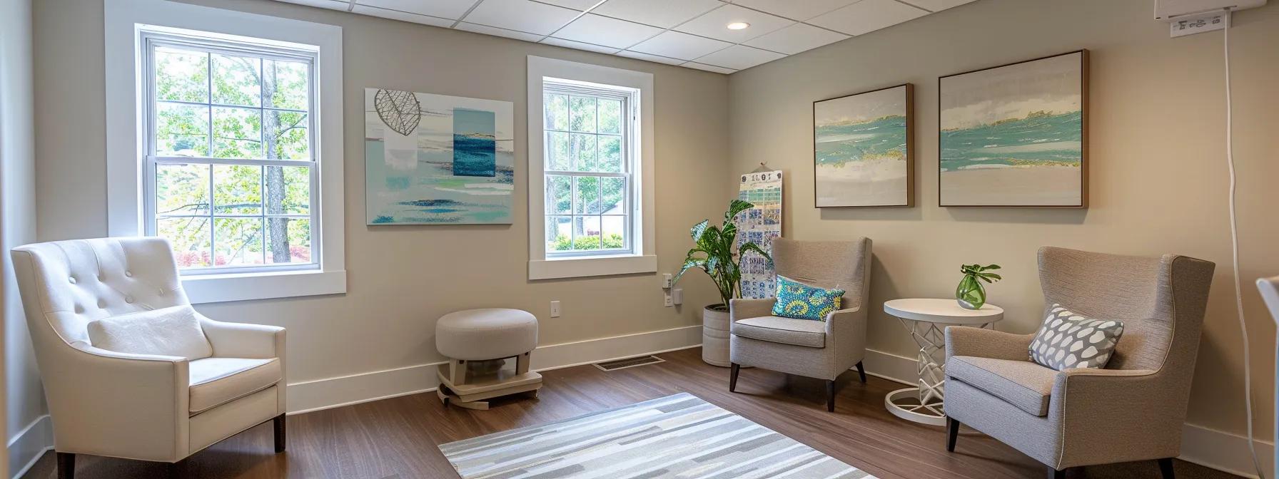 a serene and professional consultation room in an addiction treatment center in massachusetts, featuring modern furnishings, calming colors, and motivational posters on the walls, designed to evoke a sense of safety and hope for recovery.