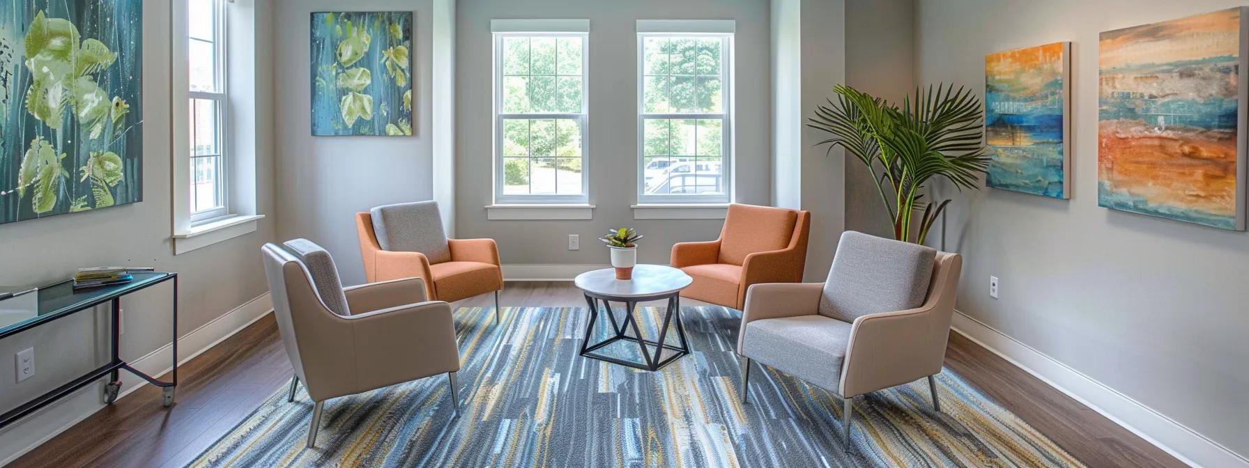 a serene and professional consultation room in an addiction treatment center in massachusetts, featuring modern furnishings, calming colors, and motivational posters on the walls, designed to evoke a sense of safety and hope for recovery.