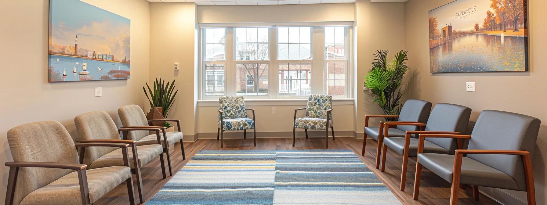 a serene and professional consultation room in an addiction treatment center in massachusetts, featuring modern furnishings, calming colors, and motivational posters on the walls, designed to evoke a sense of safety and hope for recovery.