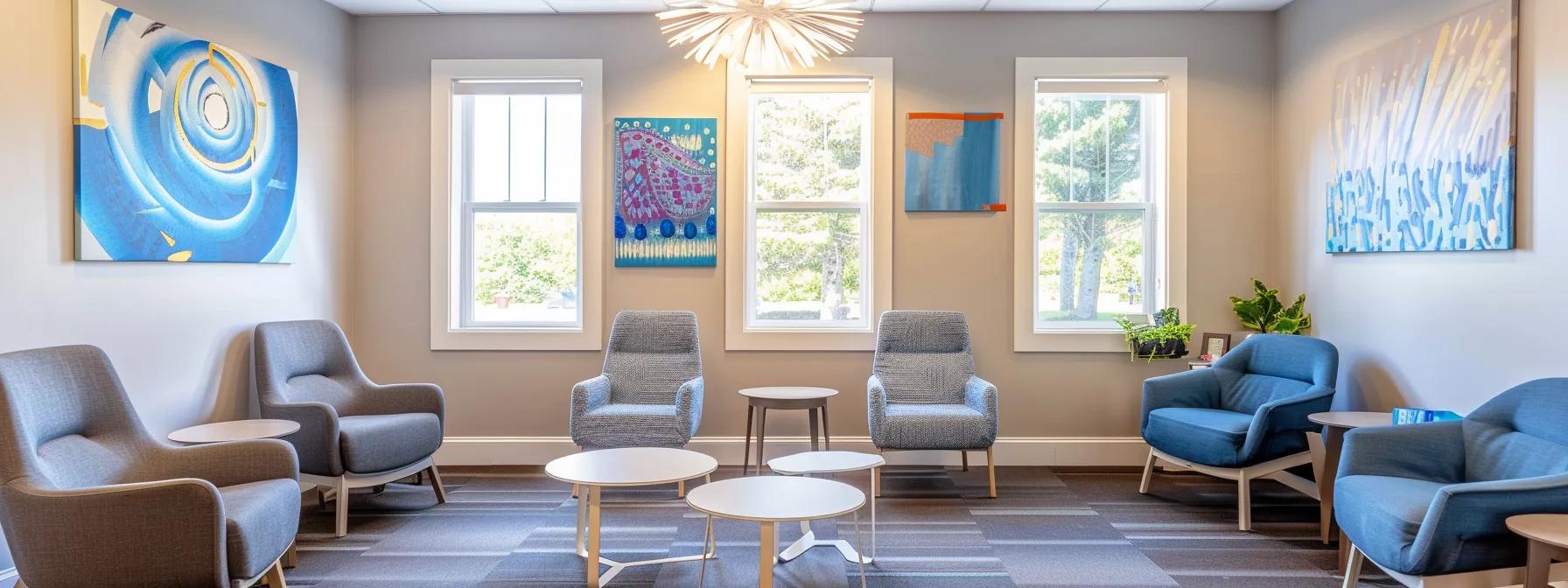 a room with chairs and tables for group therapy for addiction treatment in MA