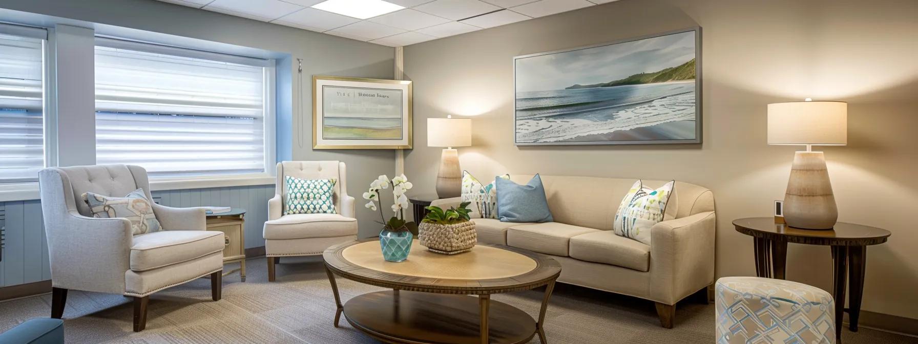 A tranquil and well-appointed counseling space in a Massachusetts addiction center, equipped with sleek furniture, soft neutral tones, and inspirational artwork on the walls, crafted to create an atmosphere of comfort and encouragement toward healing.