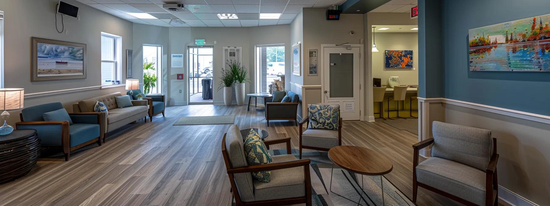 a bright and welcoming addiction treatment center in massachusetts, featuring modern furnishings and soothing decor, is the backdrop for a thoughtful moment of a resident contemplating their path to recovery.