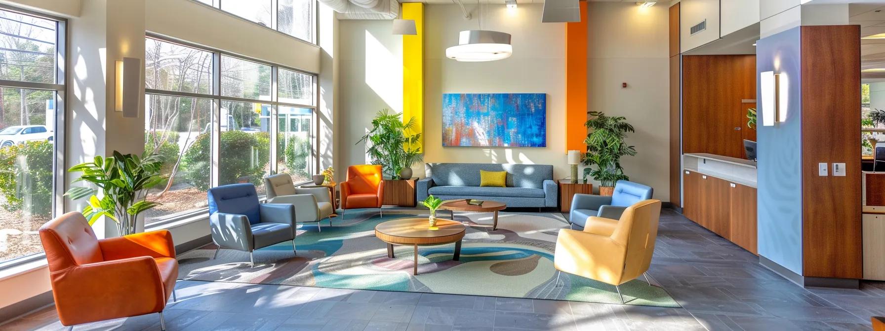 a bright and welcoming addiction treatment center in massachusetts, featuring modern, spacious common areas where individuals actively engage in group therapy sessions, fostering a sense of community and support for maintaining sobriety after rehab. a bright and welcoming addiction treatment center in massachusetts, featuring modern, spacious common areas where individuals actively engage in group therapy sessions, fostering a sense of community and support for maintaining sobriety after rehab.