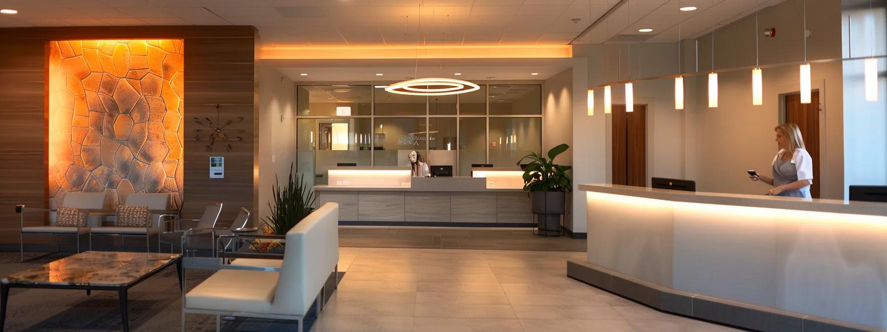 a modern, sleek addiction treatment center lobby features a professional staff member engaging with a patient, illuminated by soft, warm lighting that emphasizes the welcoming atmosphere and reflects the center's commitment to care and expertise. a modern, sleek addiction treatment center lobby features a professional staff member engaging with a patient, illuminated by soft, warm lighting that emphasizes the welcoming atmosphere and reflects the center's commitment to care and expertise.