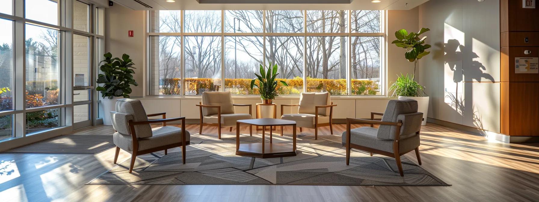 a modern treatment facility in massachusetts showcases a tranquil, state-of-the-art indoor environment where individuals engage in collaborative therapy sessions, surrounded by warm lighting and minimalist decor that fosters a sense of comfort and safety.
