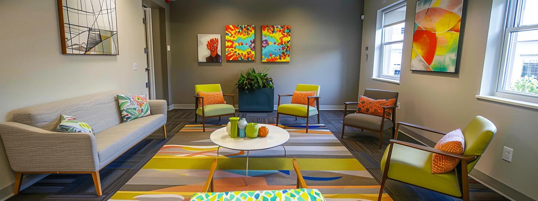 a vibrant and welcoming addiction treatment center in massachusetts, showcasing a modern therapy room filled with comfortable furnishings and inspiring artwork, emphasizing the supportive atmosphere of aftercare services for sustained recovery. a vibrant and welcoming addiction treatment center in massachusetts, showcasing a modern therapy room filled with comfortable furnishings and inspiring artwork, emphasizing the supportive atmosphere of aftercare services for sustained recovery.