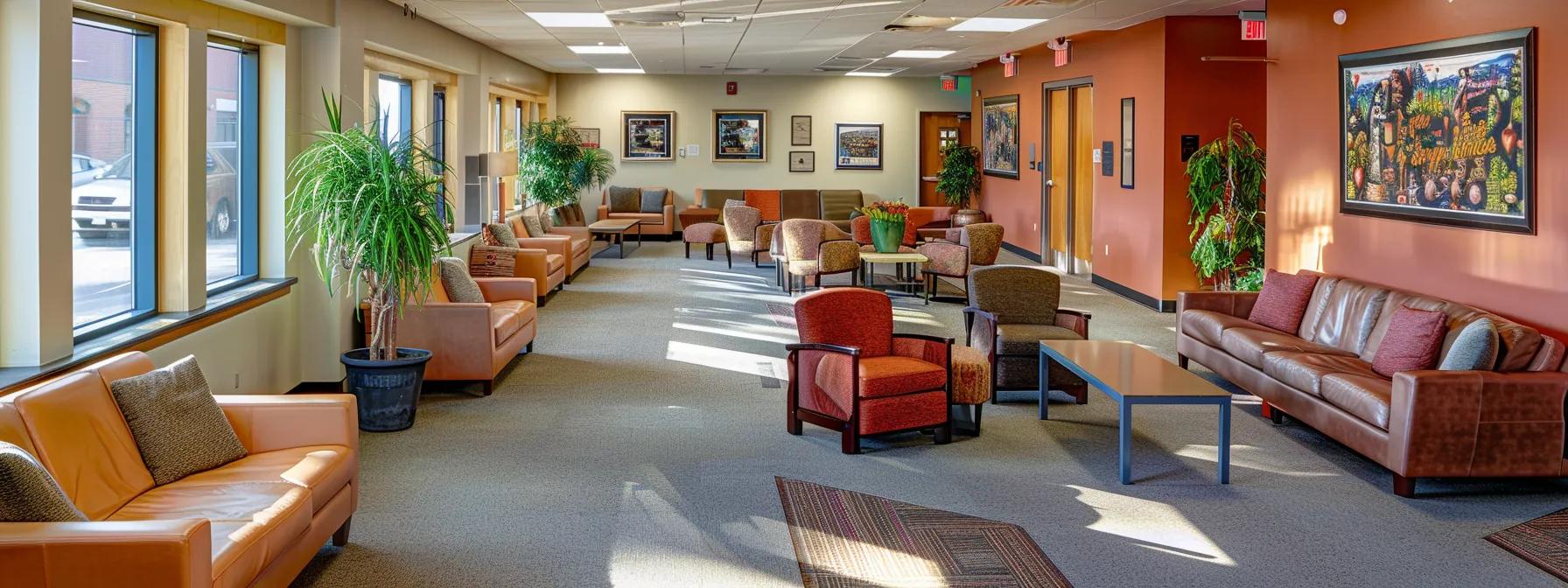 a warm and inviting interior of a bright addiction treatment center in massachusetts, featuring a cozy lounge area where individuals engage in supportive discussions, surrounded by motivational posters and soft, comfortable furniture, emphasizing the importance of community and aftercare in the recovery process.