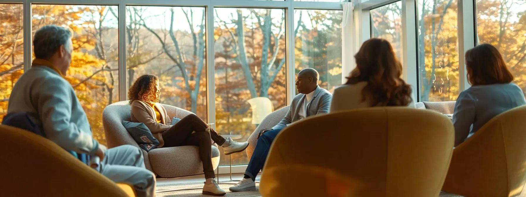 a warm, intimate group therapy session unfolds in a modern massachusetts rehab facility, showcasing empathetic family members and counselors engaged in deep conversation, fostering healing and connection in the journey of addiction recovery. a warm, intimate group therapy session unfolds in a modern massachusetts rehab facility, showcasing empathetic family members and counselors engaged in deep conversation, fostering healing and connection in the journey of addiction recovery.