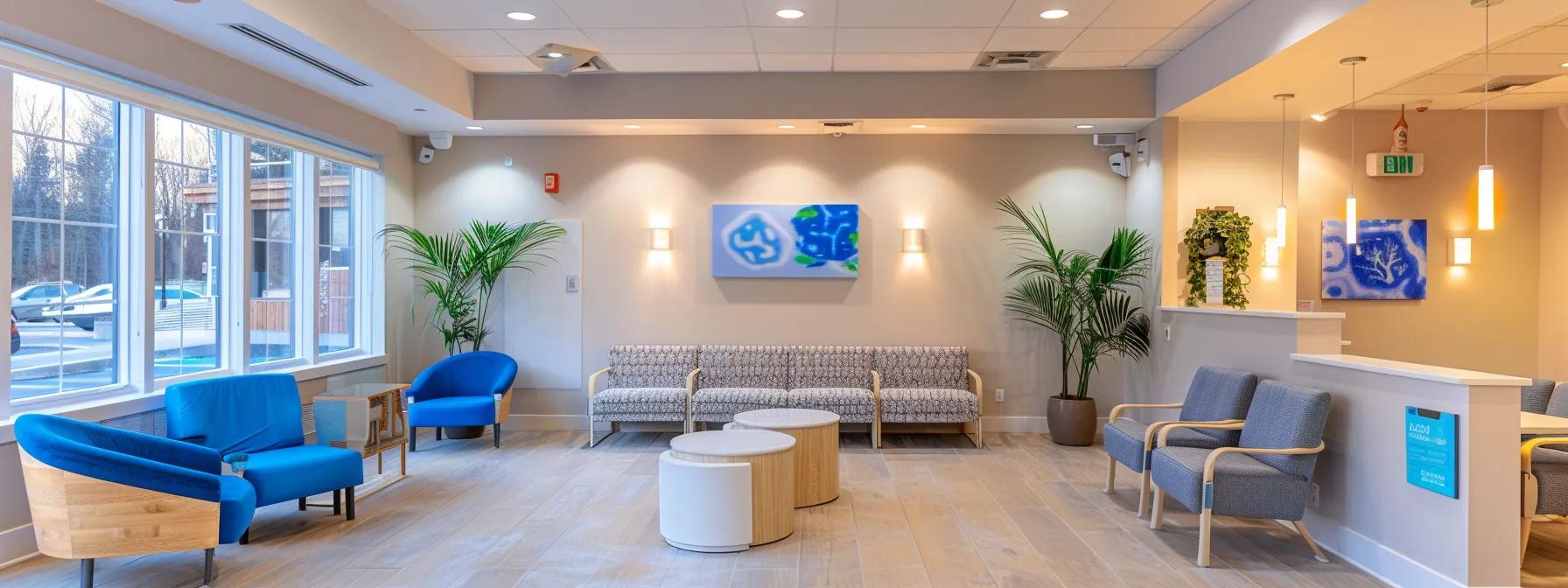 a welcoming addiction treatment center in massachusetts, featuring bright, modern interiors with comfortable seating and inspirational decor that promotes a supportive community atmosphere for recovery.