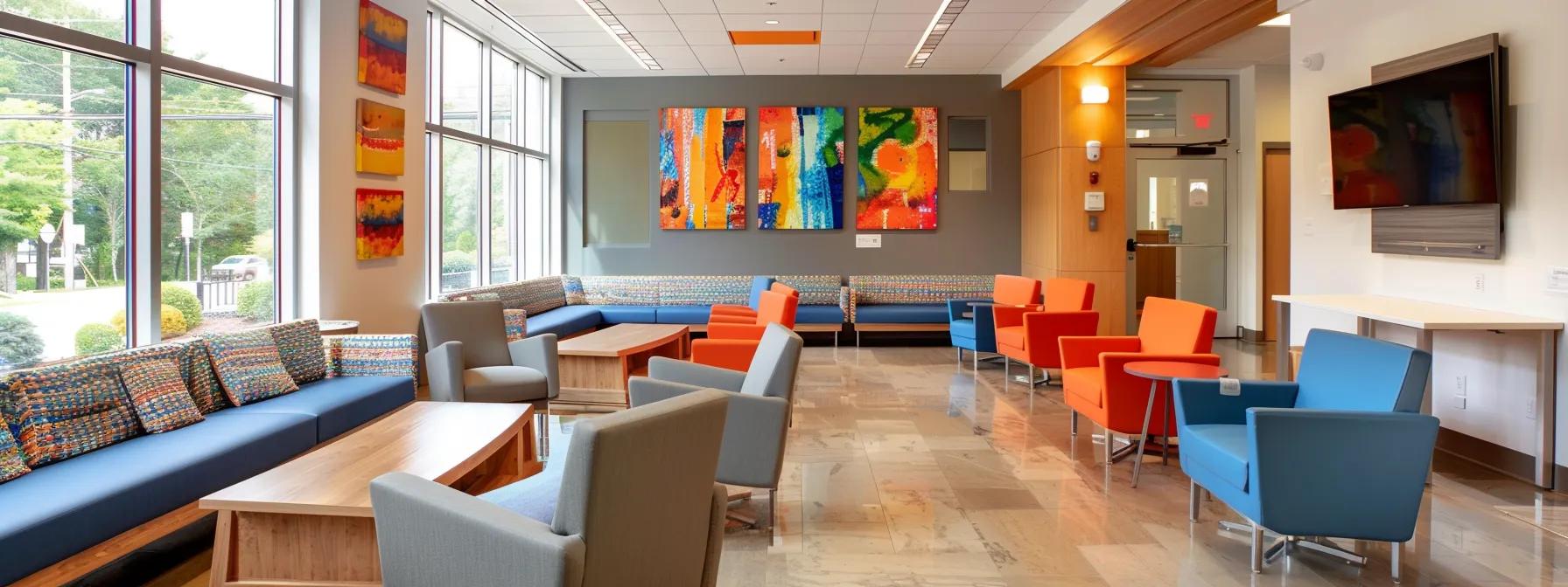 a welcoming and modern addiction treatment center in massachusetts, featuring bright, airy spaces with comfortable seating and motivational artwork, is visually illustrating families engaged in discussions about financial and logistical considerations for treatment options.