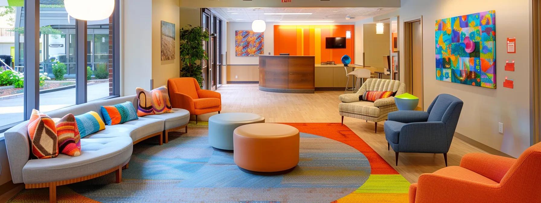 a welcoming, modern addiction treatment center in massachusetts, featuring spacious therapy rooms filled with bright, uplifting colors and comfortable furnishings, designed to foster a sense of hope and recovery.