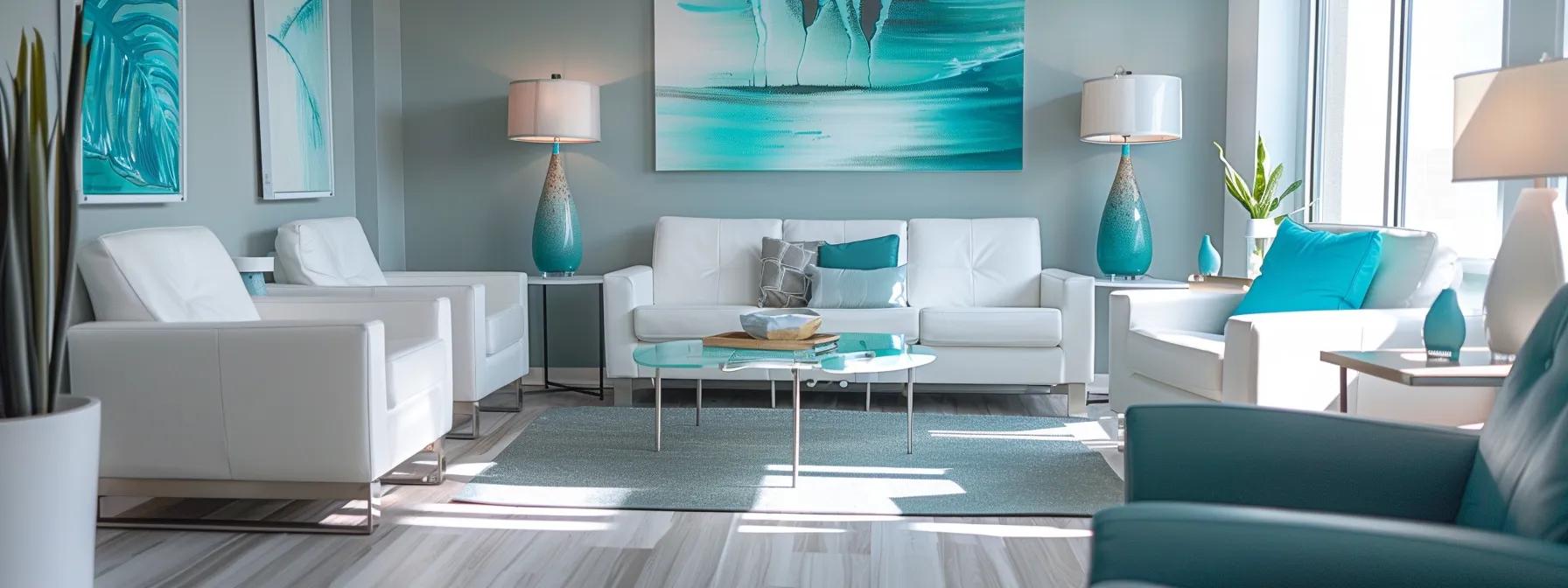 capture a sleek, ultra-modern therapy room in massachusetts, featuring a minimalist design with soothing teal and white decor, where advanced technology meets therapeutic comfort, illustrating the innovative approaches to addiction treatment in a serene yet sophisticated environment.